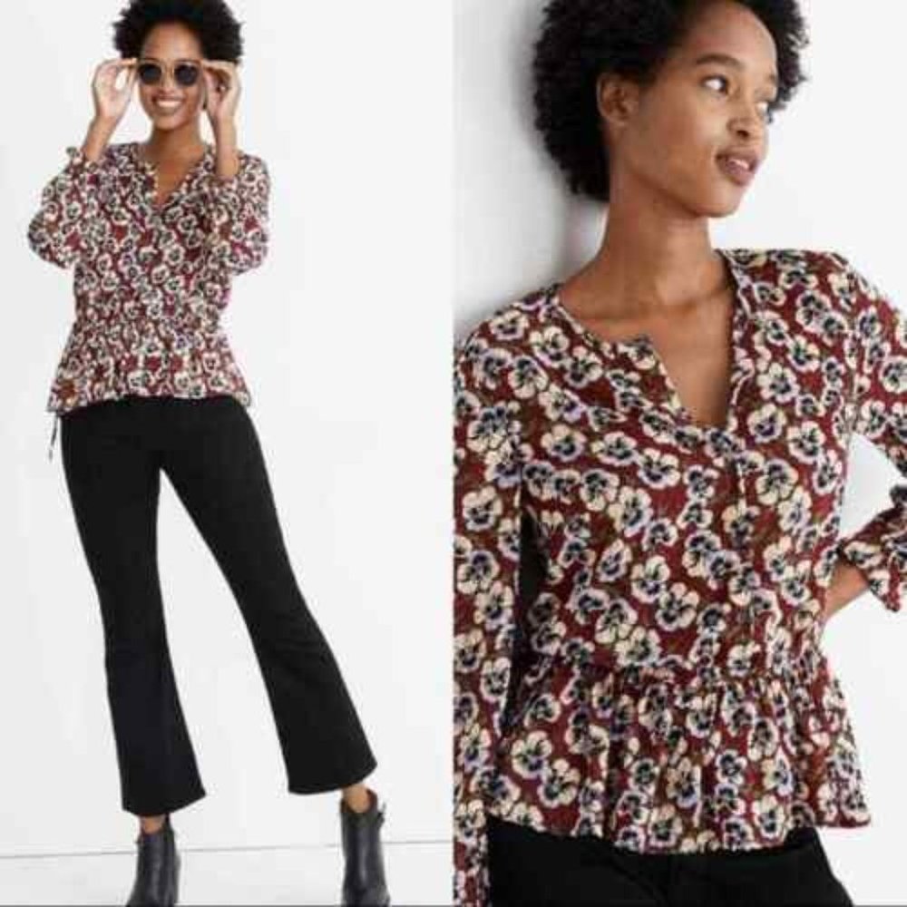 Madewell Drawstring Ruffle-Hem Top in Viola Floral